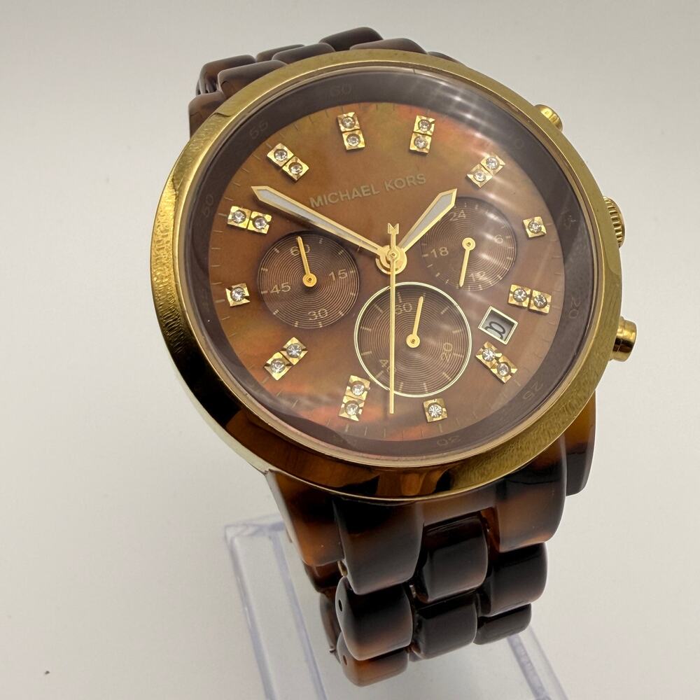 Iconic Michael Kors Runway Oversized Tortoise Chronograph Watch Working